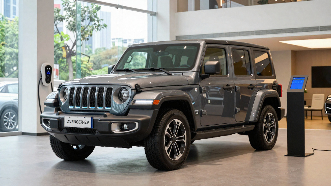 Jeep Avenger-EV cinza estacionado em showroom ao lado de carregador elétrico.