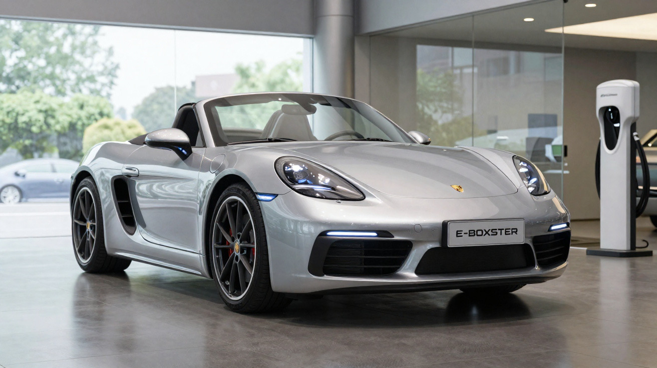 Carro esportivo conversível prata Porsche E-Boxster em exposição em showroom com carregador elétrico ao lado.