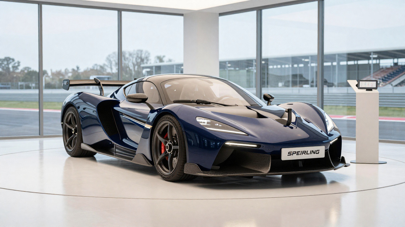 Carro esportivo azul escuro em exposição em ambiente moderno com vidros grandes e piso branco.