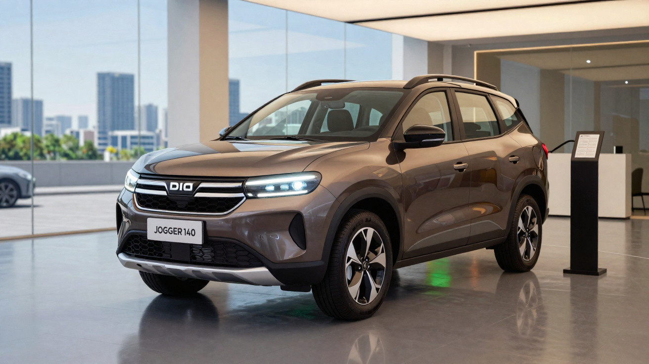 Carro SUV Dacia Jogger 1.4 em exposição, cor marrom, com faróis ligados em ambiente moderno e iluminação natural.