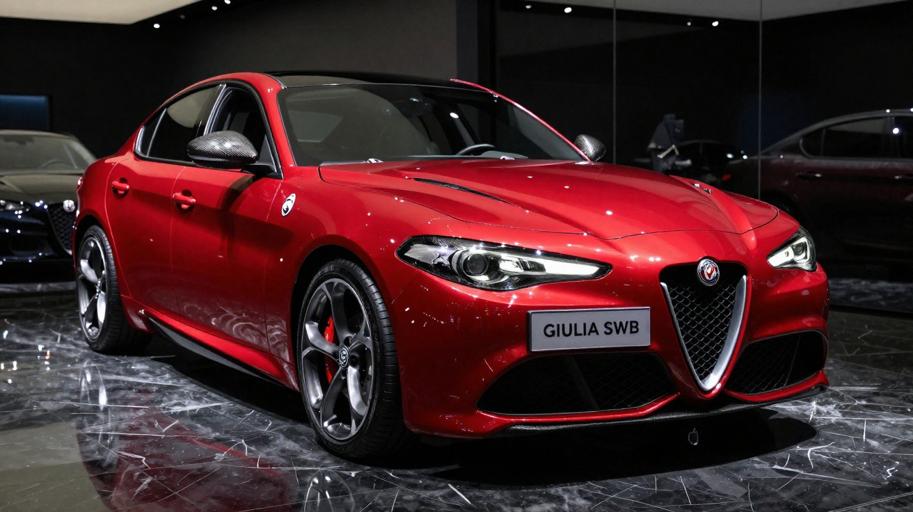 Carro esportivo Alfa Romeo Giulia SWB vermelho exibido em ambiente interno com piso espelhado.
