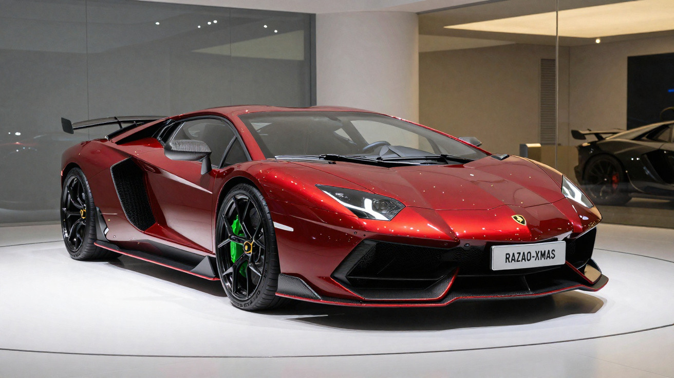 Carro esportivo vermelho com rodas pretas e detalhes verdes exibido em plataforma circular iluminada.