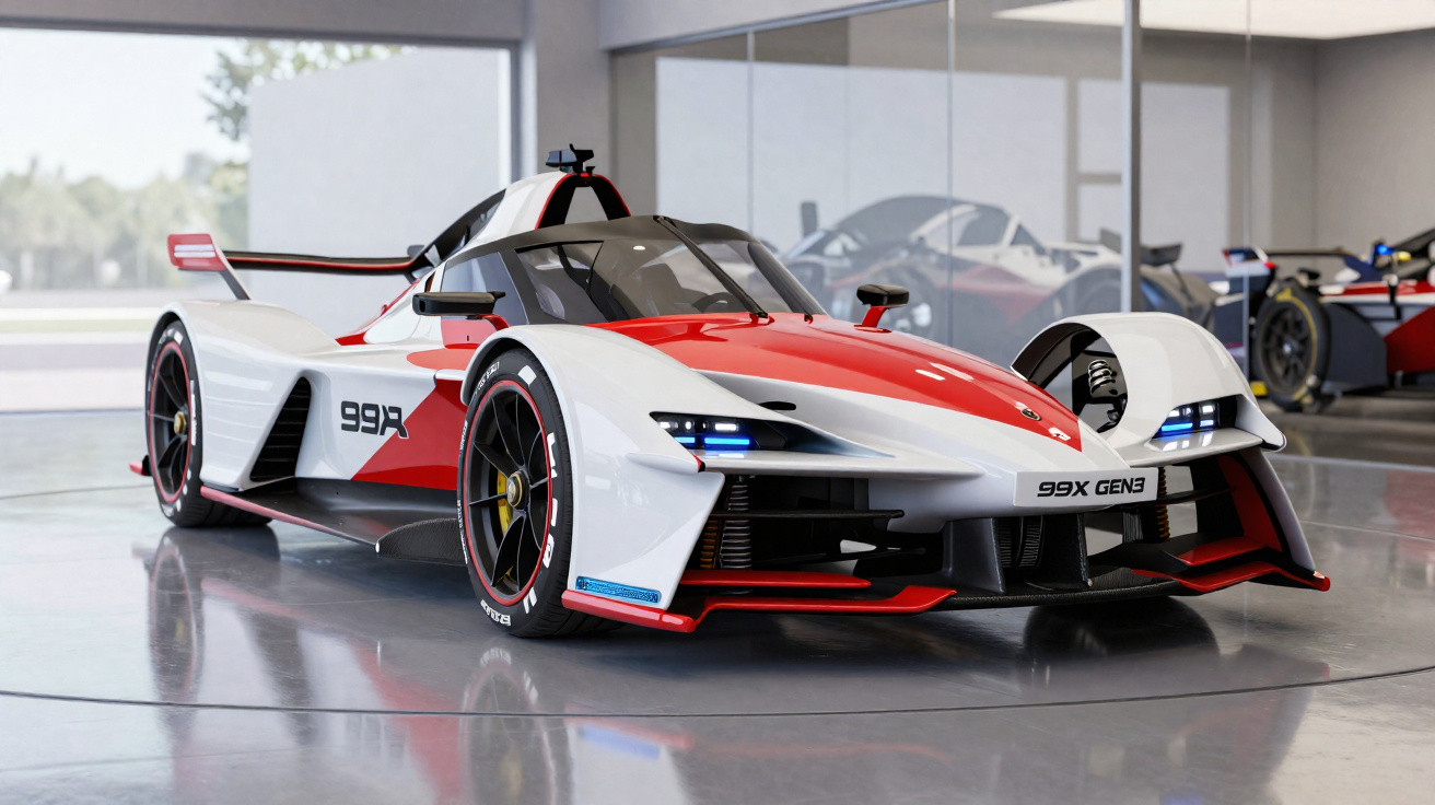 Carro de corrida elétrico branco e vermelho, modelo 99X GEN3, em piso refletivo interno.