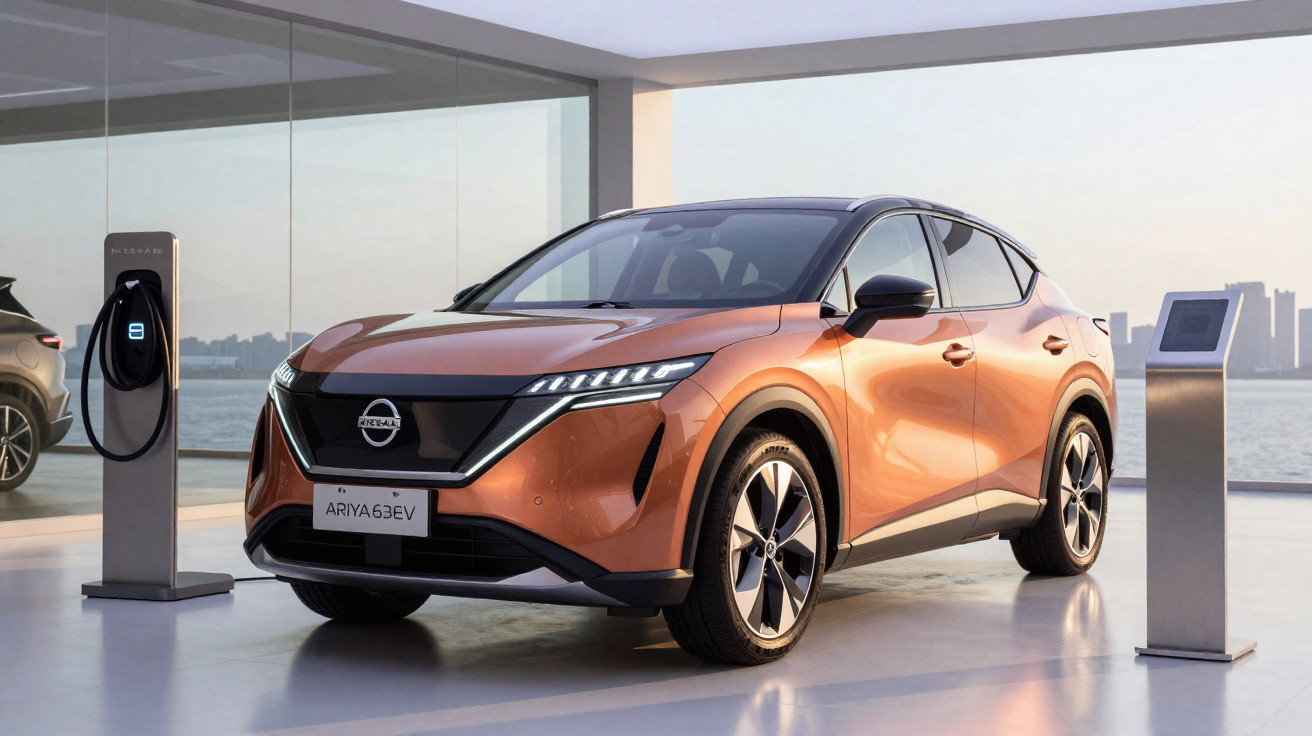 Carro elétrico Nissan Ariya 63 EV laranja estacionado em ambiente interno com estação de recarga.