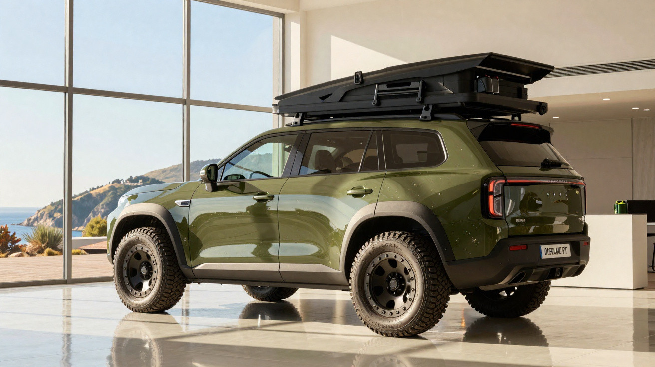 SUV verde militar com barraca de teto, pneus off-road e teto solar interno em ambiente iluminado e moderno.