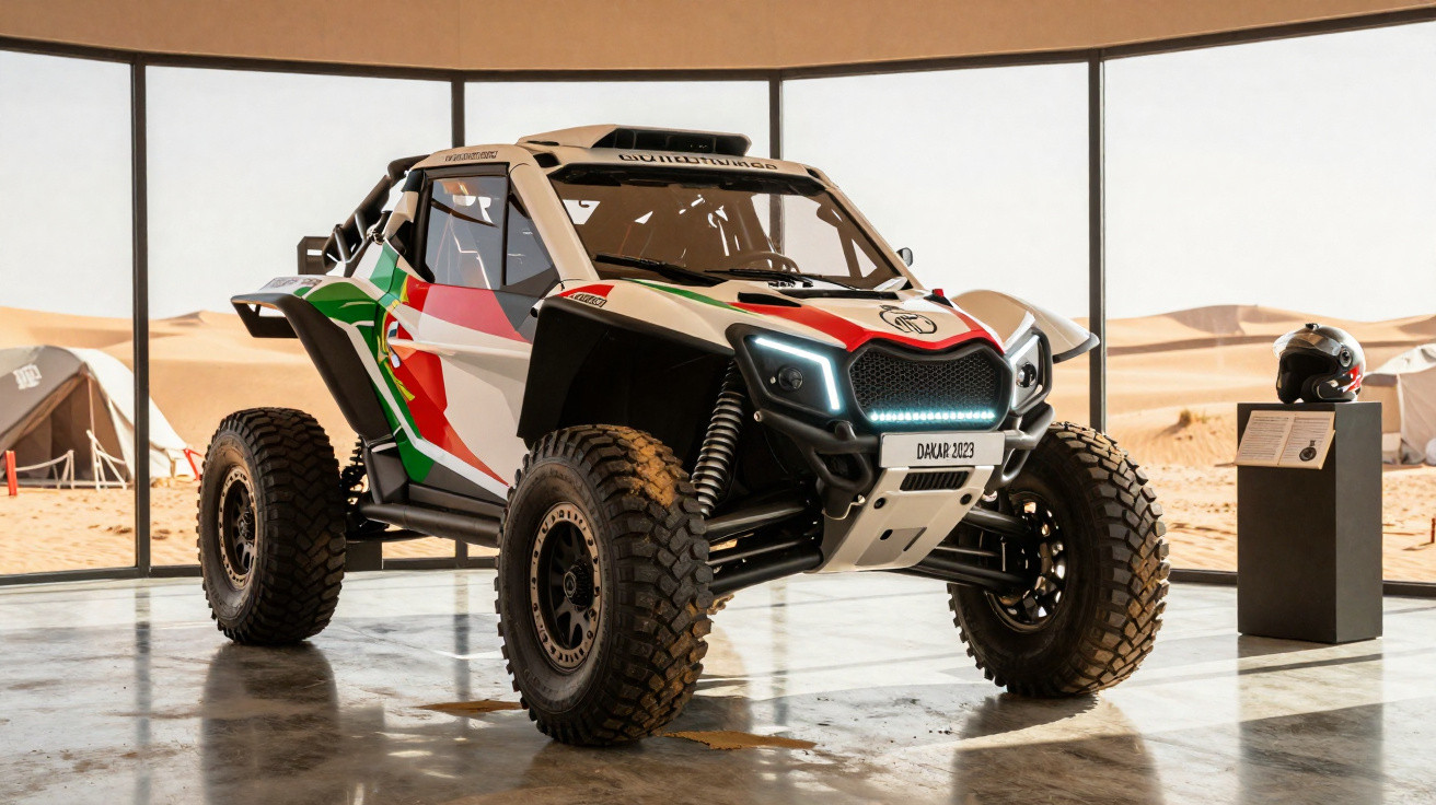 Carro de corrida off-road com pintura colorida exposto em ambiente fechado com vistas para deserto.
