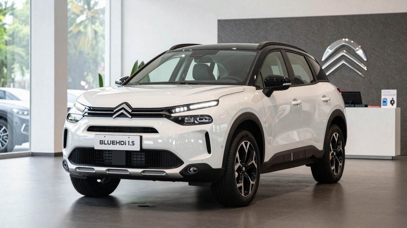 Carro SUV Citroën branco modelo BlueHDi 1.5 exibido em showroom com teto preto e rodas pretas.
