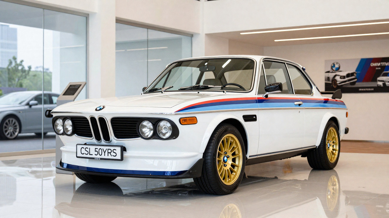 Carro clássico BMW branco com detalhes em azul, vermelho e rodas douradas em showroom iluminado.