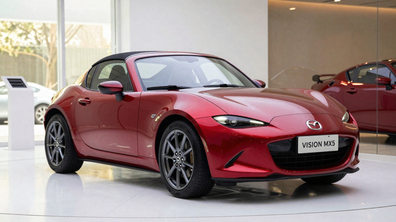 Carro esportivo conversível Mazda MX-5 vermelho exposto em salão com teto preto fechado.
