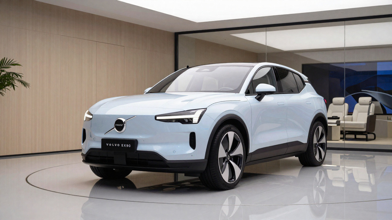 Carro elétrico Volvo EX90 branco em ambiente interno moderno com piso refletivo e espelho ao fundo.