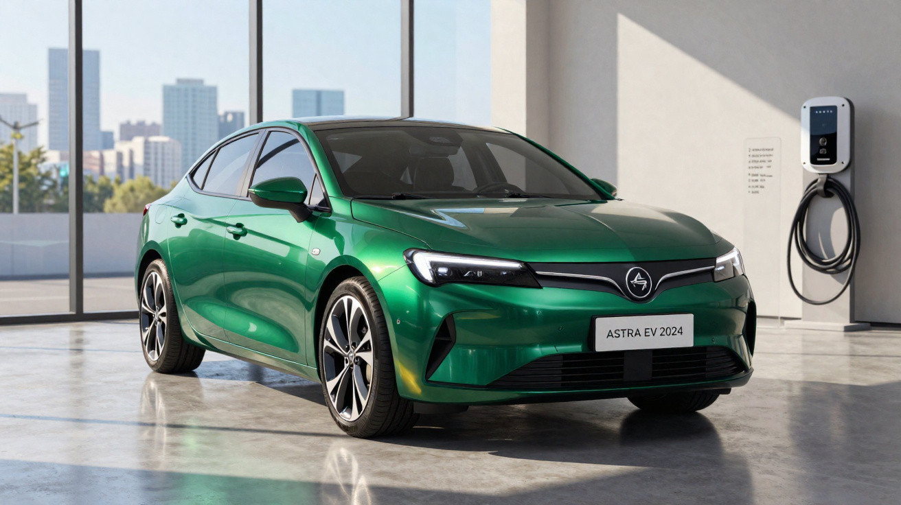Carro elétrico verde Astra EV 2024 estacionado em ambiente interno com carregador ao fundo.