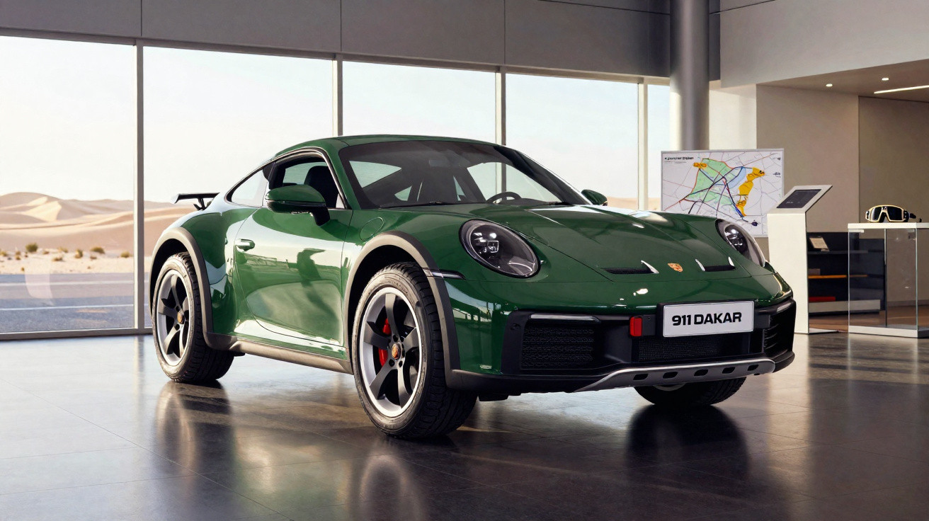 Carro esportivo Porsche 911 Dakar verde em exposição em ambiente moderno com janelas grandes.