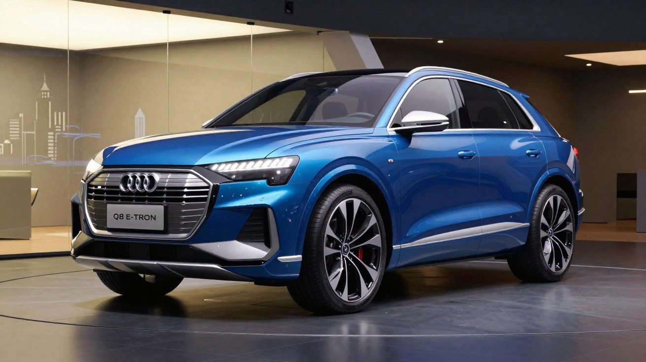 Carro elétrico Audi Q8 e-tron azul estacionado em ambiente interno moderno e iluminado.