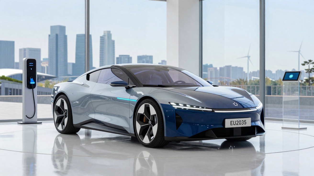 Carro esportivo elétrico cinza e azul em exposição interna com estação de recarga e prédios ao fundo.