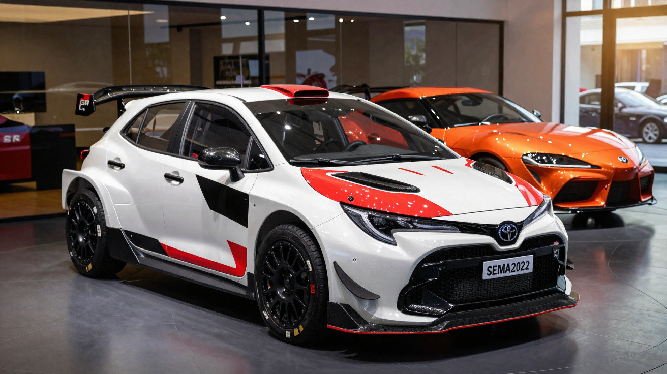 Carro de corrida branco com detalhes vermelhos e preto exposto em salão, ao lado de carro esportivo laranja.