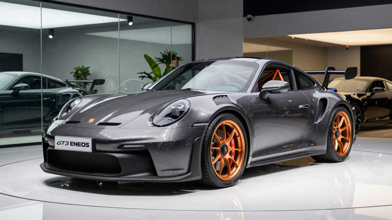 Carro esportivo Porsche GT3 ENEOS cinza com rodas laranjas exibido em showroom moderno e iluminado.