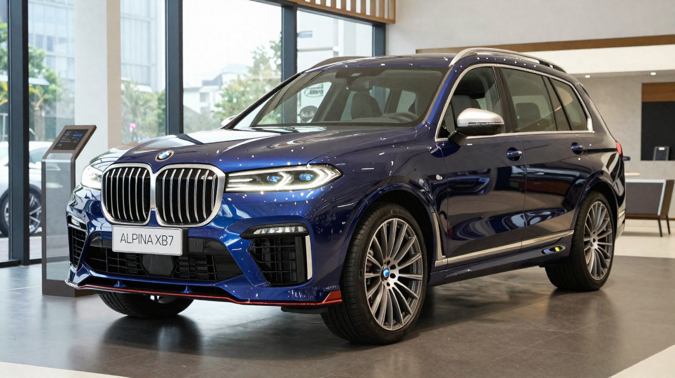 Carro SUV Alpina XB7 azul escuro em exposição dentro de concessionária moderna.
