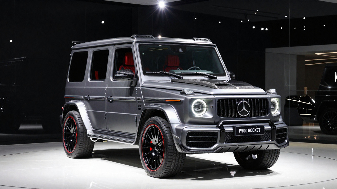 SUV Mercedes-Benz G-Class cinza metálico com interior vermelho exibido em showroom.