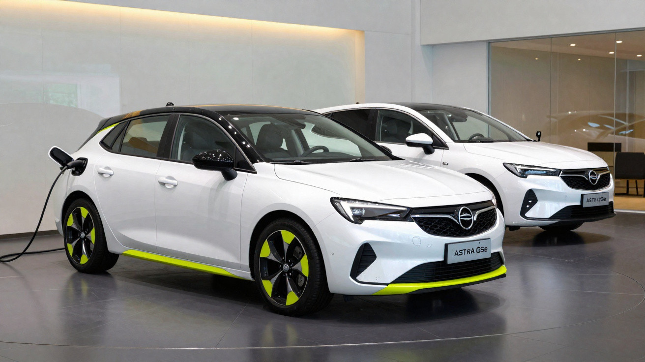 Dois carros brancos da Opel modelo Astra, um branco com detalhes em amarelo e conectado a carregador elétrico.