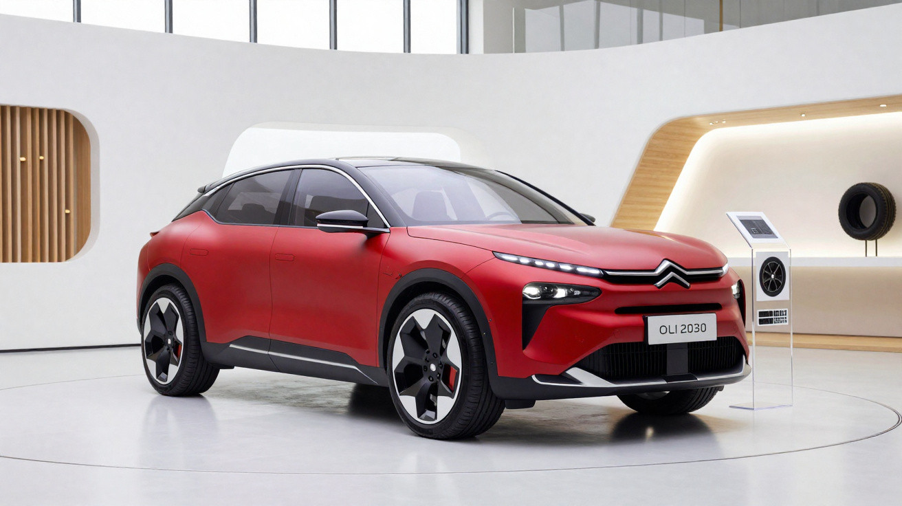 Carro elétrico vermelho Citroën OLI 2030 em estúdio moderno com design futurista.