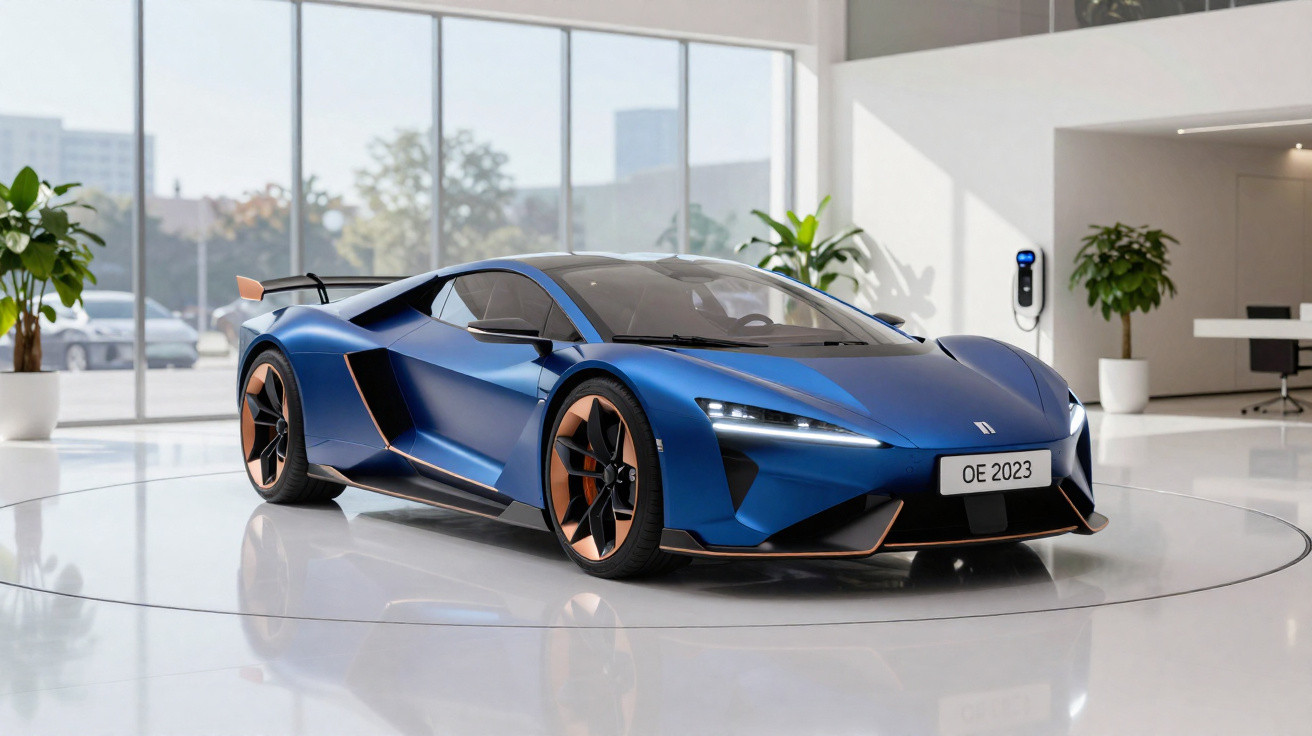 Carro esportivo azul metálico em exposição em ambiente moderno com plantas e iluminação natural.