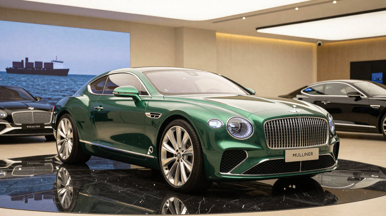 Carro esportivo Bentley verde exibido em salão de veículos de luxo.