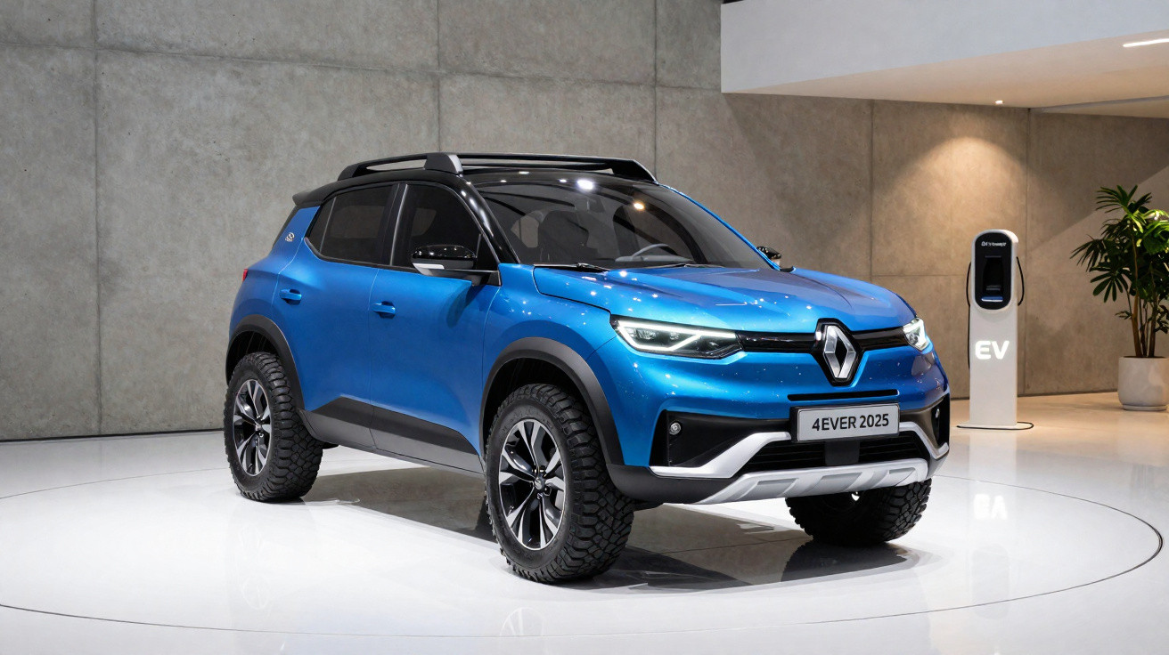 Carro elétrico azul Renault 4EVER 2025 exibido em ambiente interno com estação de carregamento EV ao lado.