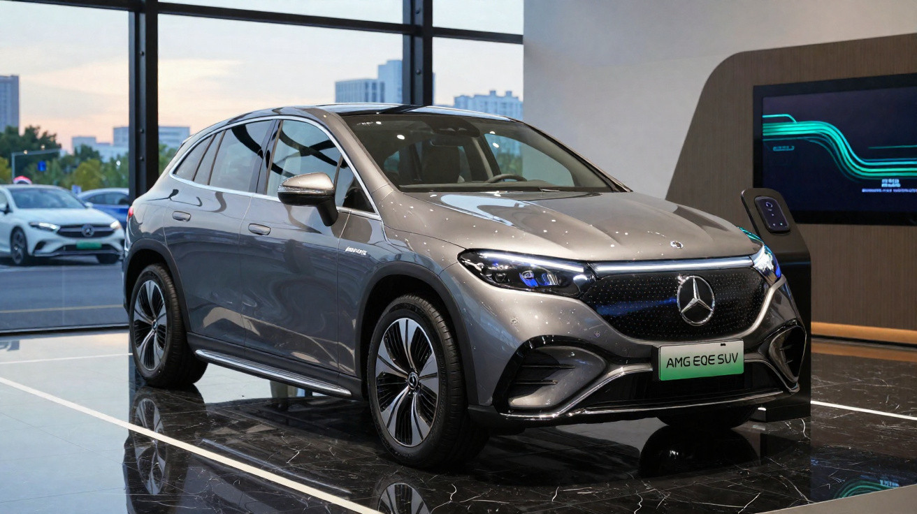Carro elétrico Mercedes AMG EQE SUV cinza em exposição dentro de uma loja moderna.