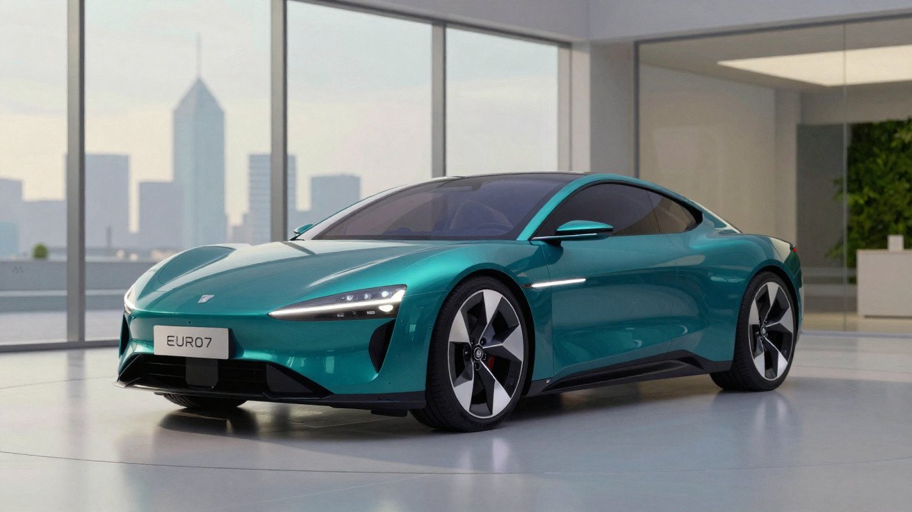 Carro esportivo elétrico verde com design futurista em ambiente interno com vista da cidade ao fundo.