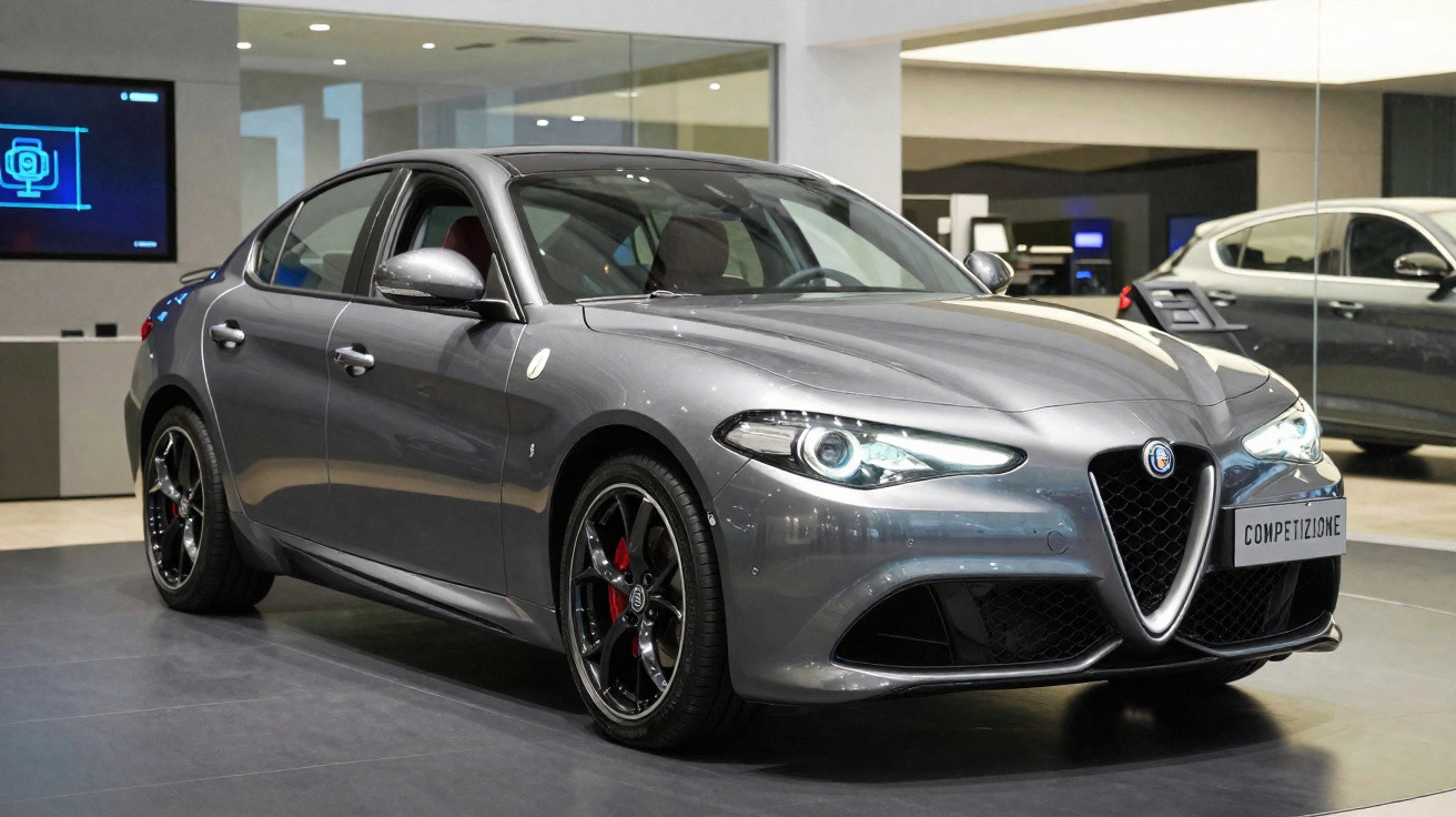 Carro cinza Alfa Romeo Giulia Competizione exibido em showroom moderno e iluminado.
