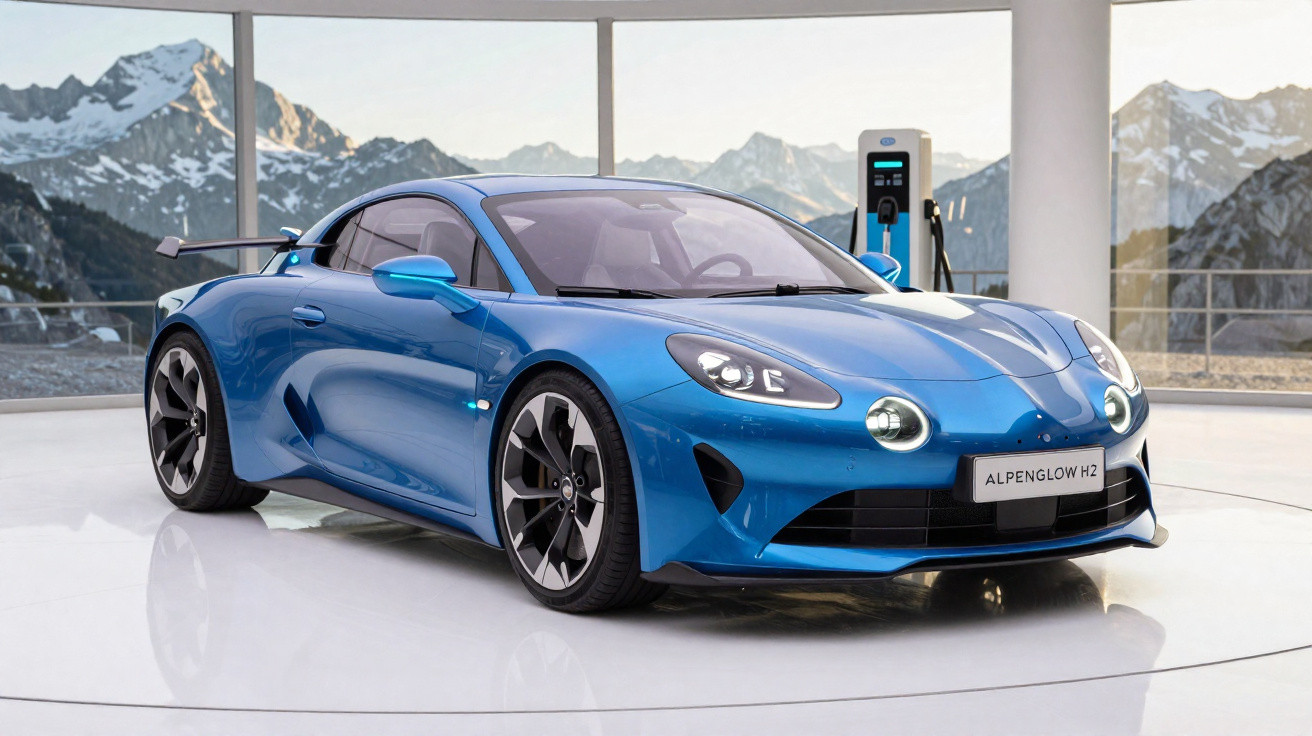 Carro esportivo azul elétrico Alpine Alpenglow H2 em showroom moderno com vista para montanhas nevadas.
