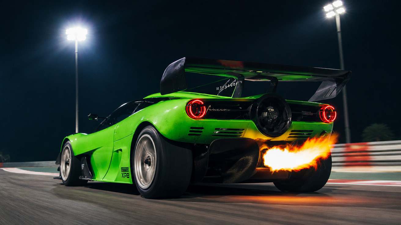 Carro esportivo verde com chamas saindo do escapamento em pista noturna iluminada por refletores.