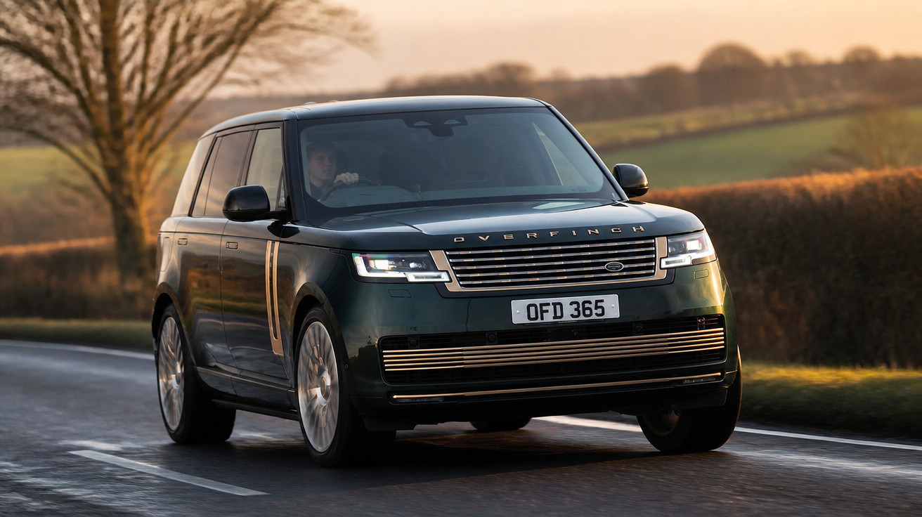 Carro SUV preto luxo marca Overfinch em estrada com paisagem rural ao entardecer.