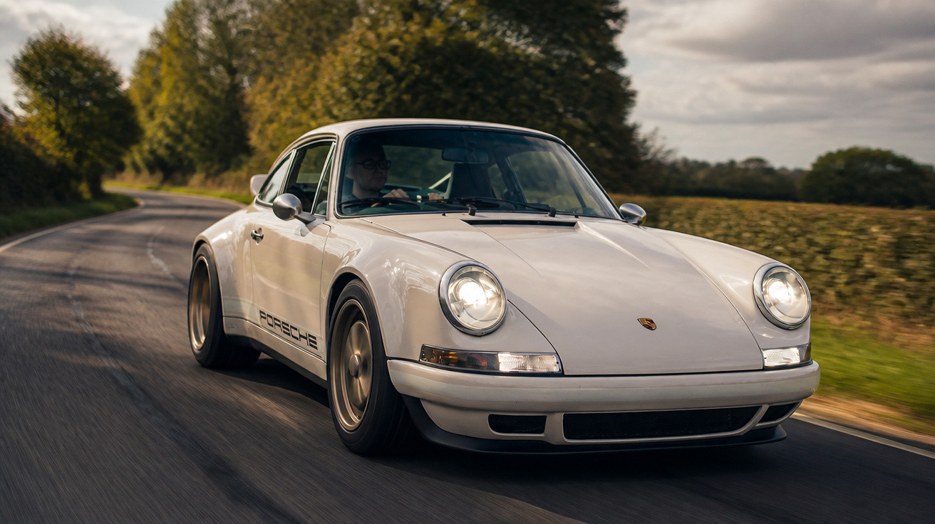 Carro esportivo Porsche clássico branco em movimento em estrada cercada por árvores e campo.