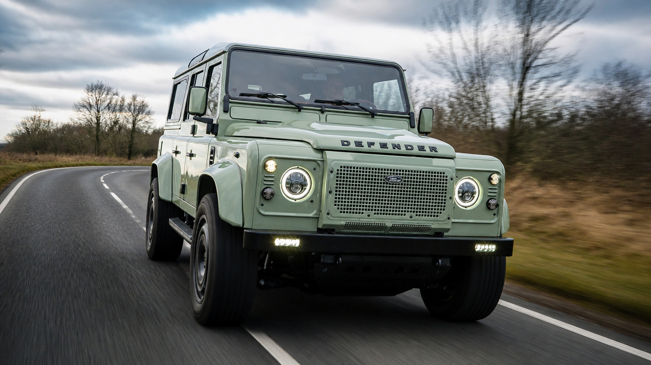 Carro Land Rover Defender verde claro dirigindo em estrada asfaltada em dia nublado com árvores ao fundo.