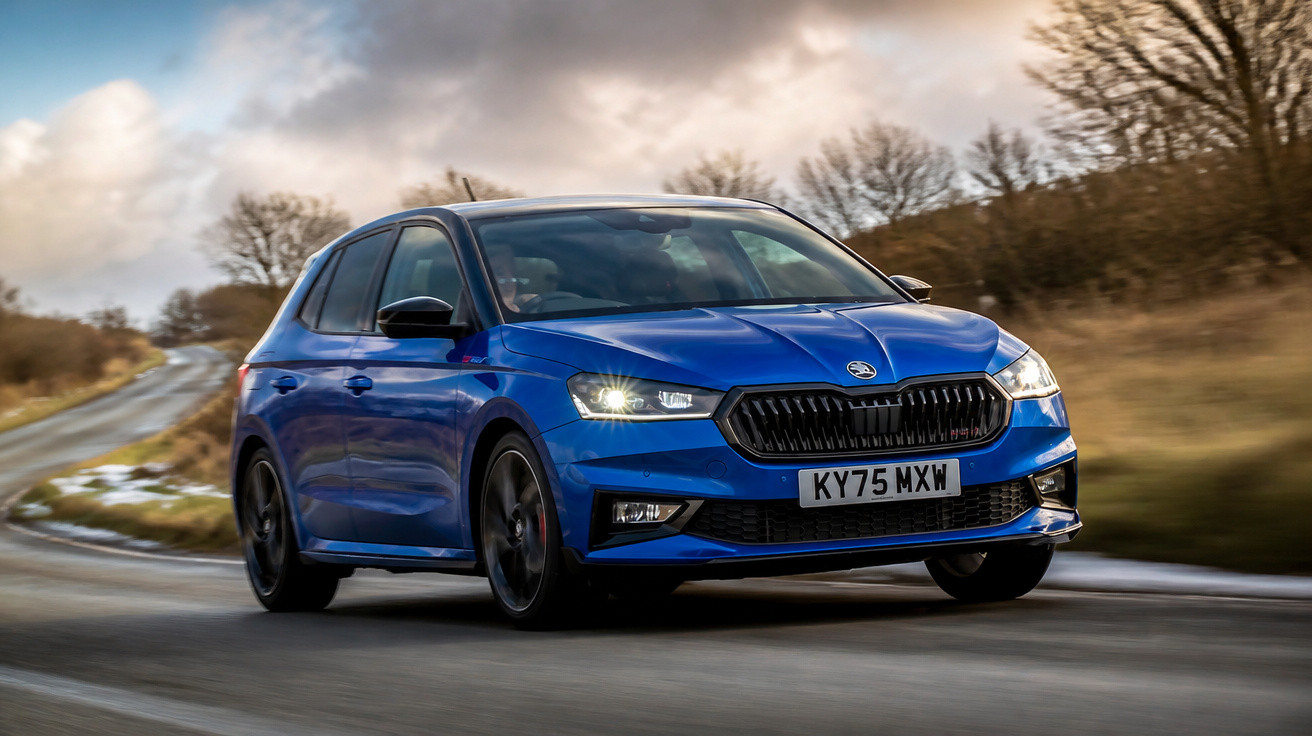 Carro hatchback azul em estrada curva com faróis acesos e paisagem de árvores ao fundo.