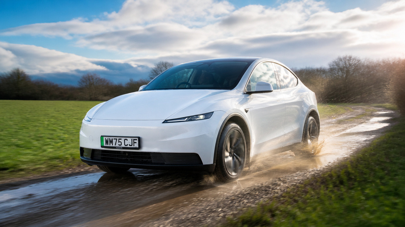 Carro elétrico branco dirigindo em estrada molhada de terra com campos verdes e céu nublado ao fundo.