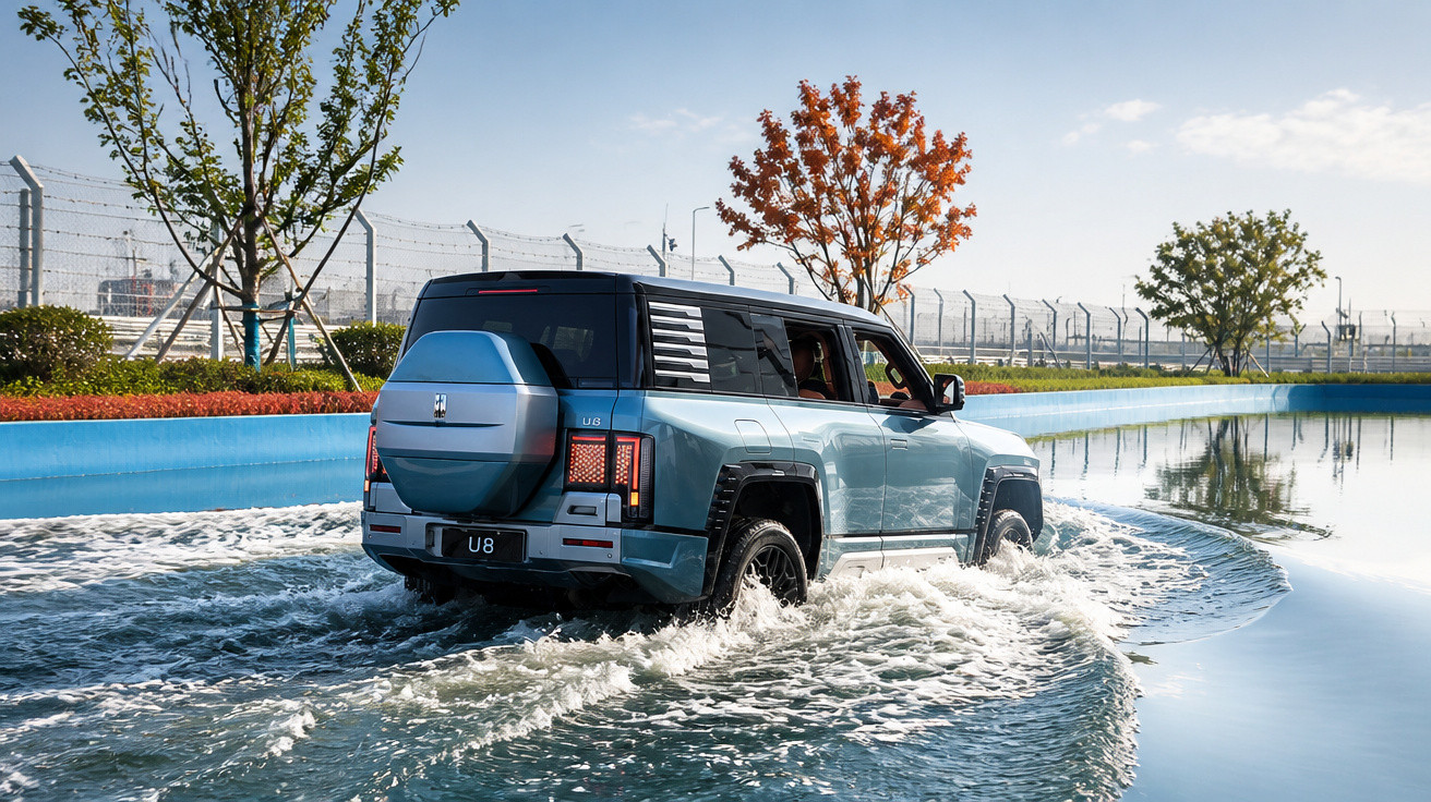 SUV azul atravessando área com água rasa, com árvores coloridas e cerca ao fundo em dia ensolarado.
