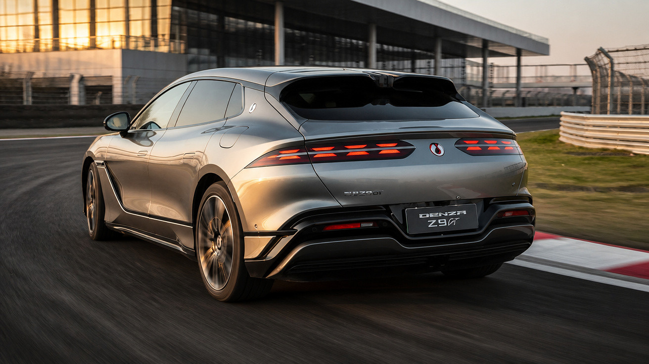 Carro elétrico esportivo prata Denza Z9 GT em pista de corrida ao entardecer.
