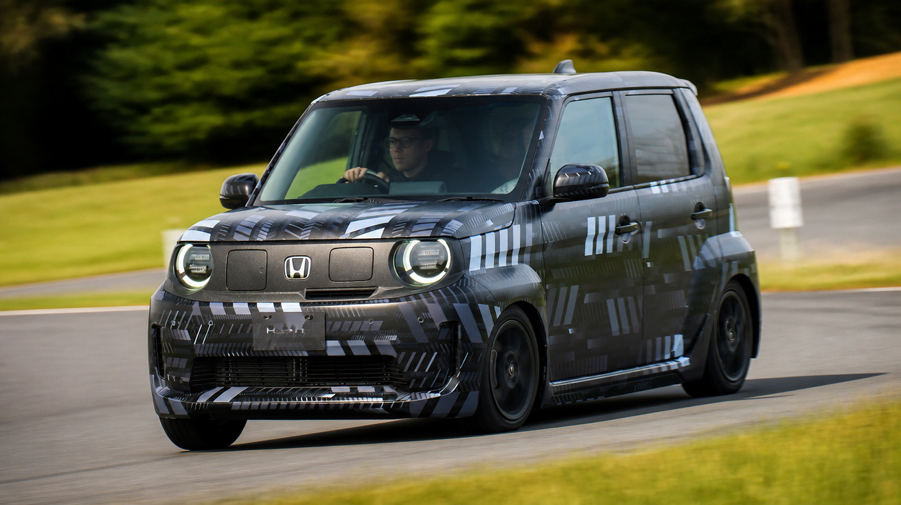 Carro compacto hatch preto com camuflagem padrão gráfico em alta velocidade em pista de teste.