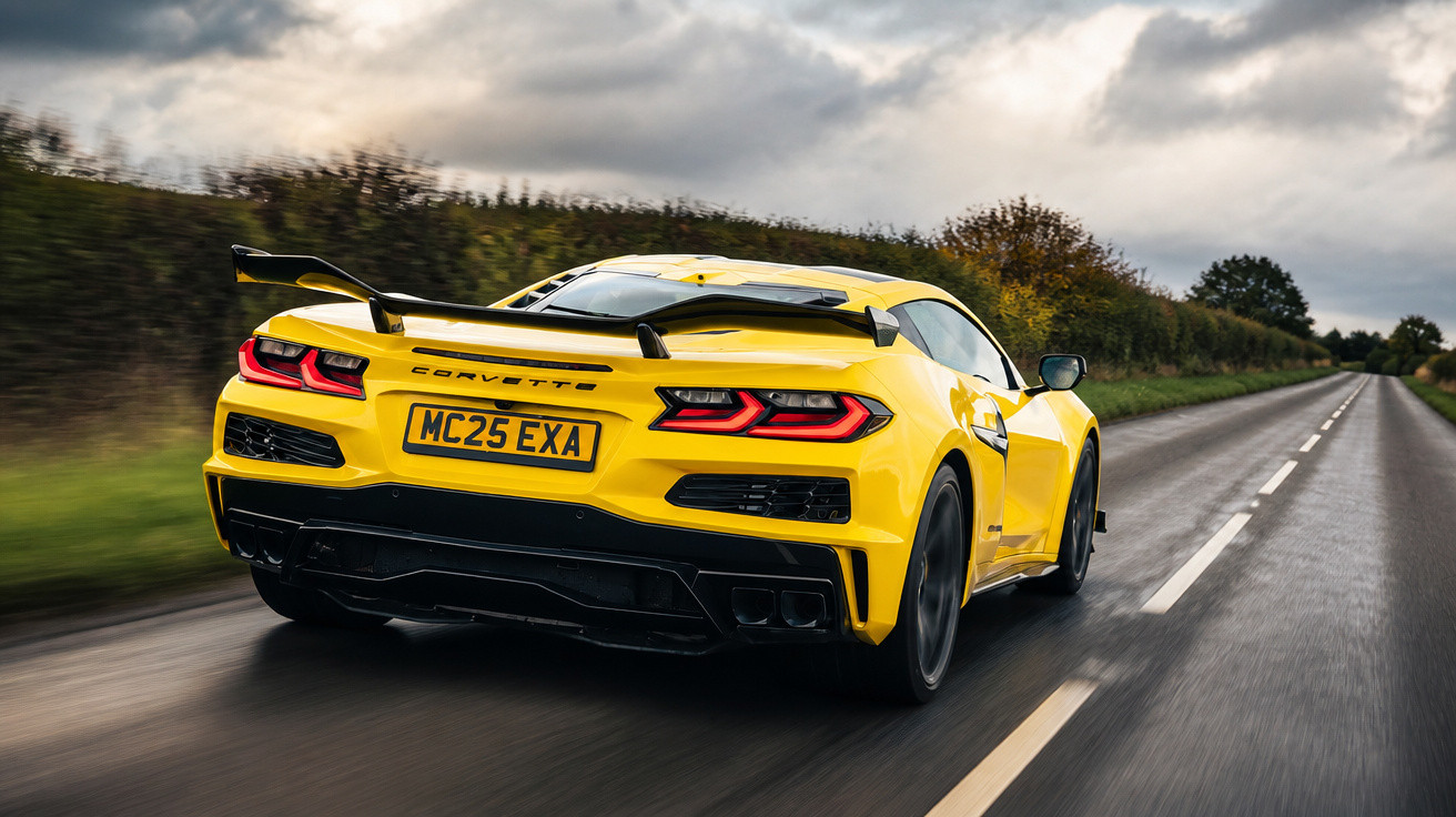 Carro esportivo amarelo Chevrolet Corvette em uma estrada reta sob céu nublado.