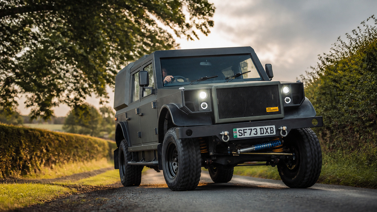 Carro elétrico off-road preto da marca Munro em estrada rural cercada por árvores e vegetação.