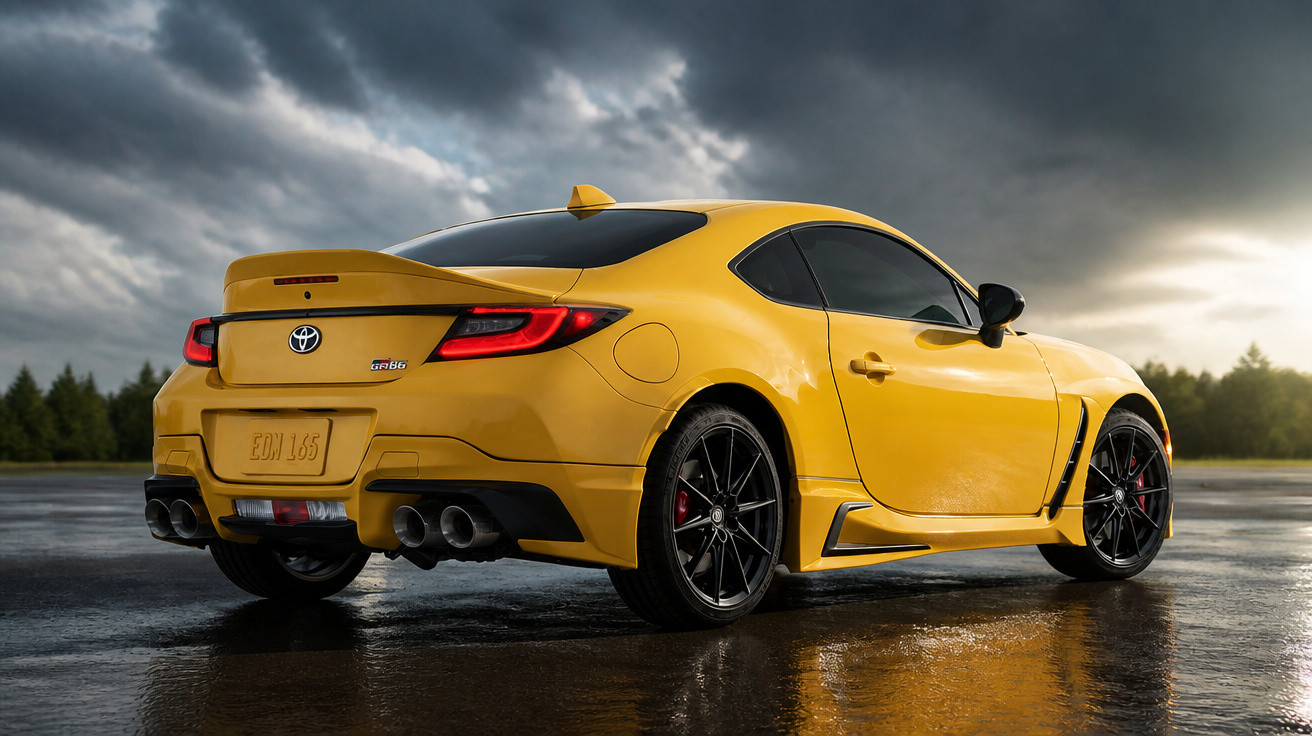 Carro esportivo Toyota GR86 amarelo estacionado em superfície molhada com céu nublado ao fundo.