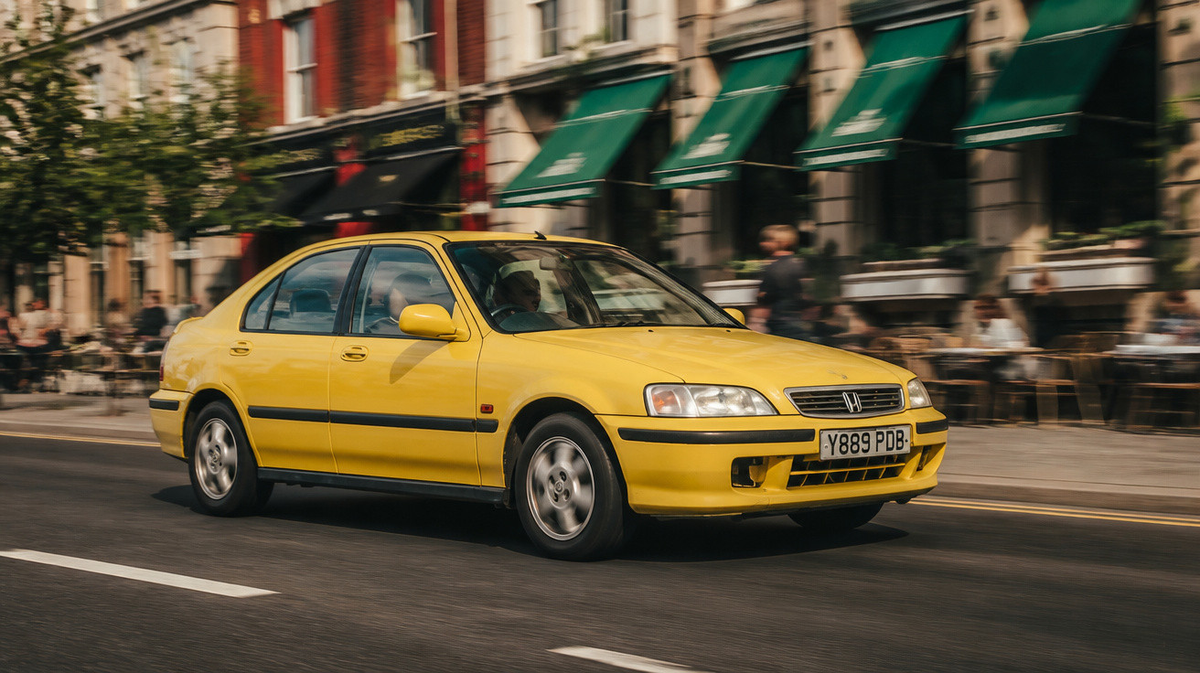 Carro sedan amarelo em movimento na rua com prédios e pessoas ao fundo.