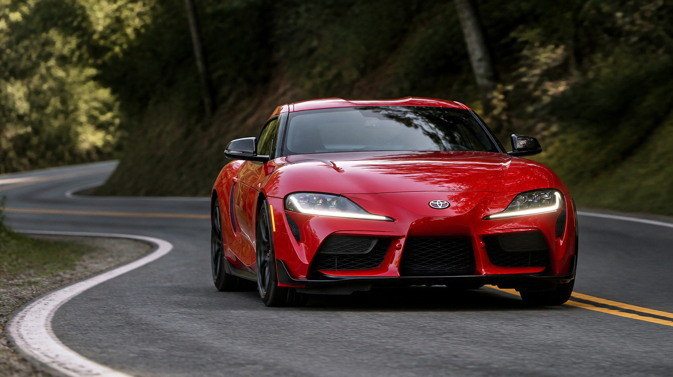 Carro esportivo vermelho Toyota Supra em estrada sinuosa cercada por vegetação densa.