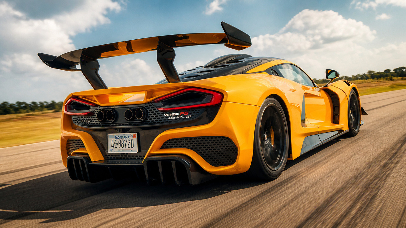 Carro esportivo amarelo com grande aerofólio traseiro acelerando em estrada sob céu com nuvens.
