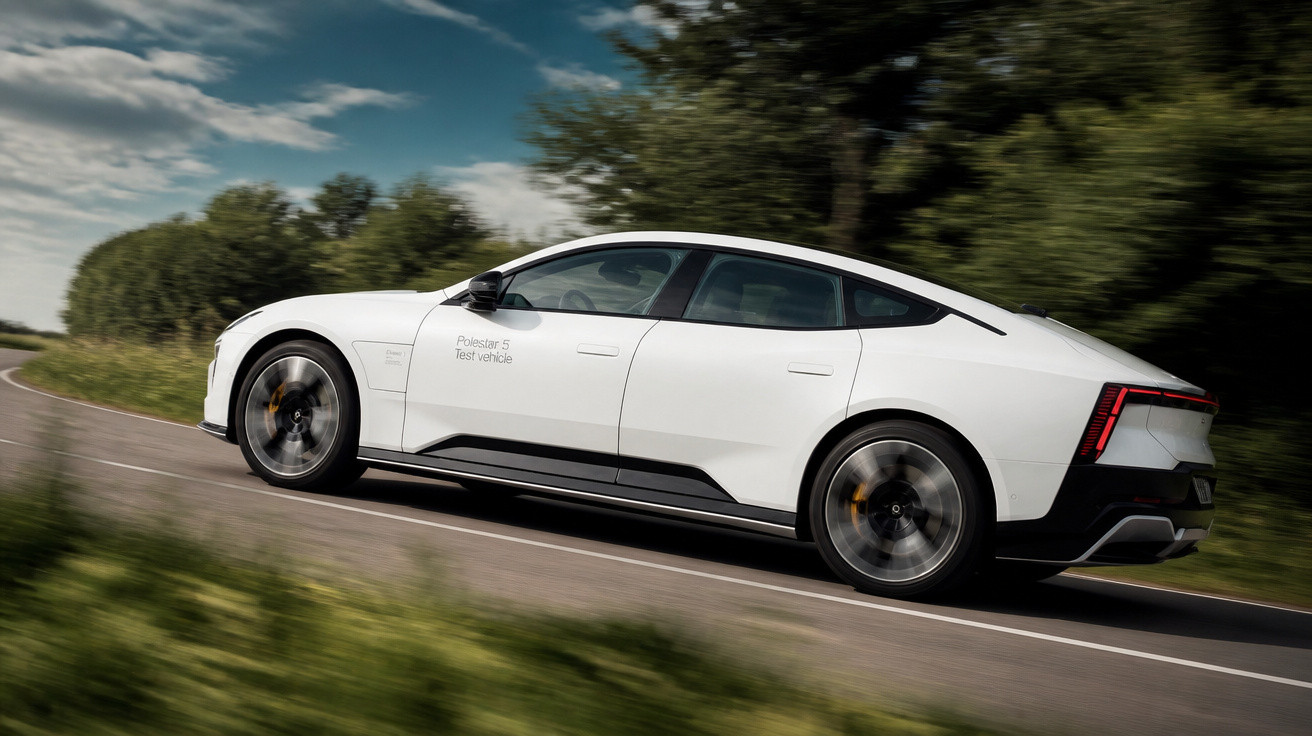 Carro elétrico branco Polestar 5 em alta velocidade em estrada cercada por árvores e céu nublado.