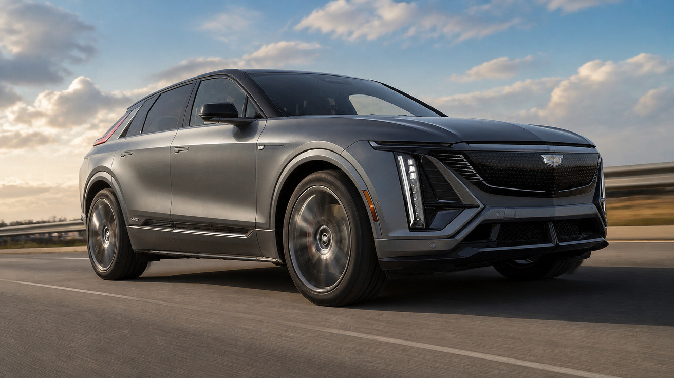 Carro SUV cinza escuro da Cadillac em movimento em estrada sob céu parcialmente nublado.