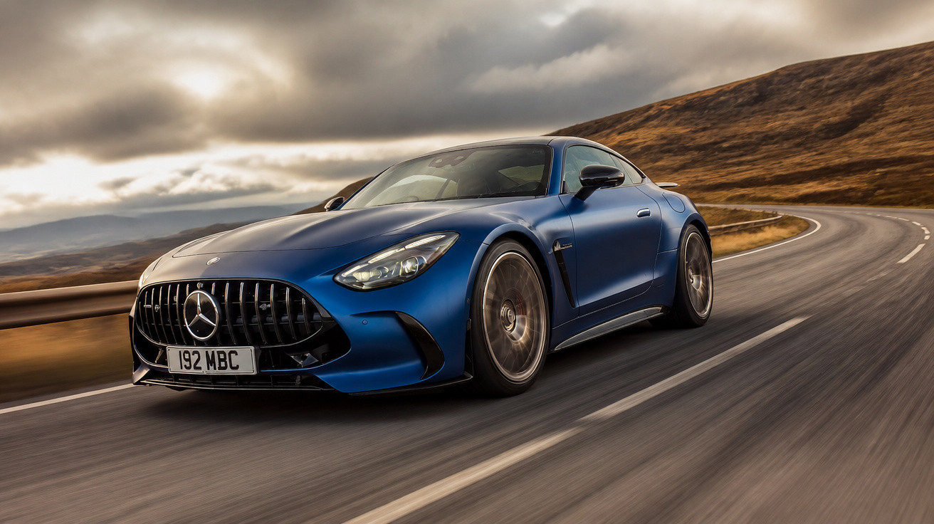 Carro esportivo azul Mercedes-Benz em alta velocidade em estrada sinuosa com céu nublado ao fundo.