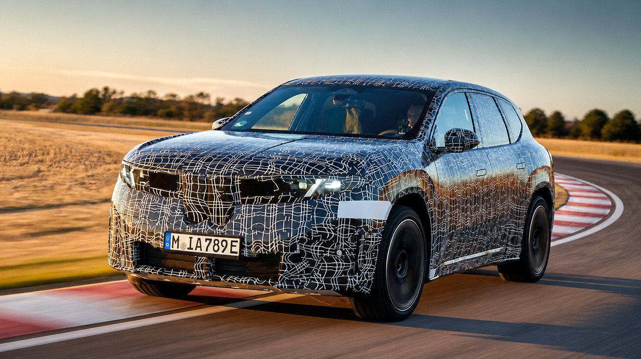 Carro elétrico SUV camuflado em teste em pista curva ao pôr do sol.